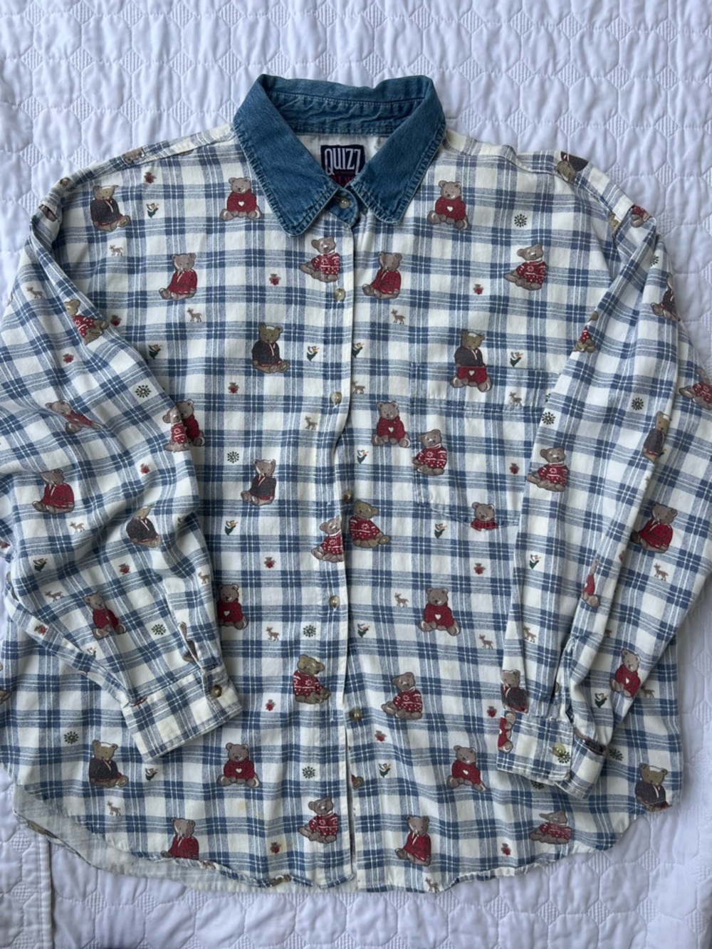 Vintage Plaid Button Up Shirt / Cottagecore / XXL 🧸teddy bear blue + red print